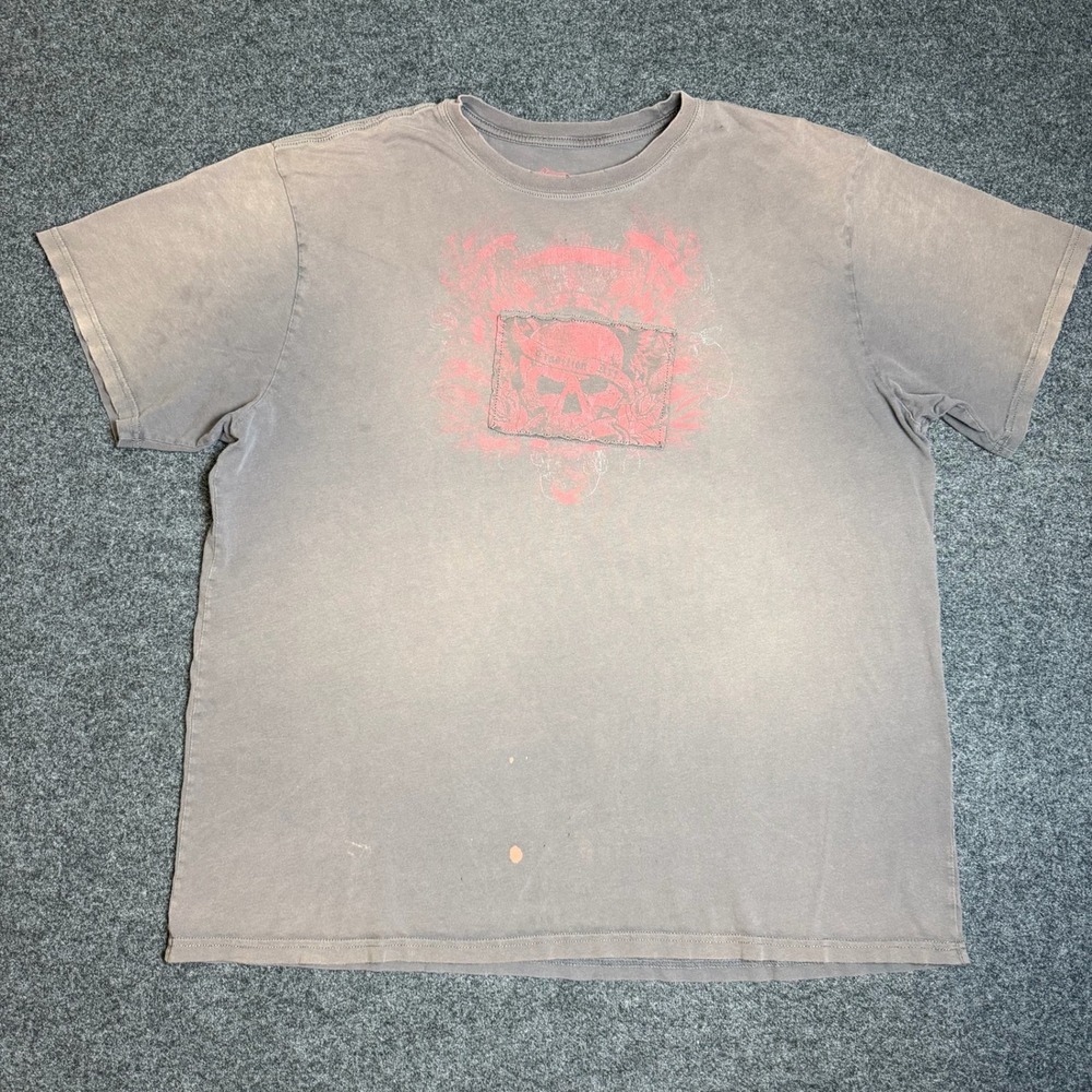 Y2K Stranded Graphic T-Shirt Mens XXL Grey Skull Rose Grunge Distressed Tee